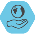Hand with Earth floating above it icon on blue background